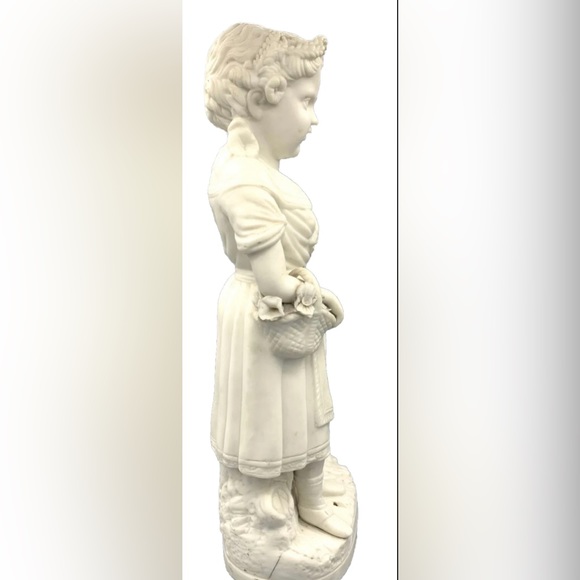 JW754 13.5” tall Antique Bisque Porcelain Girl holding Basket Statue Marked - Picture 11 of 12